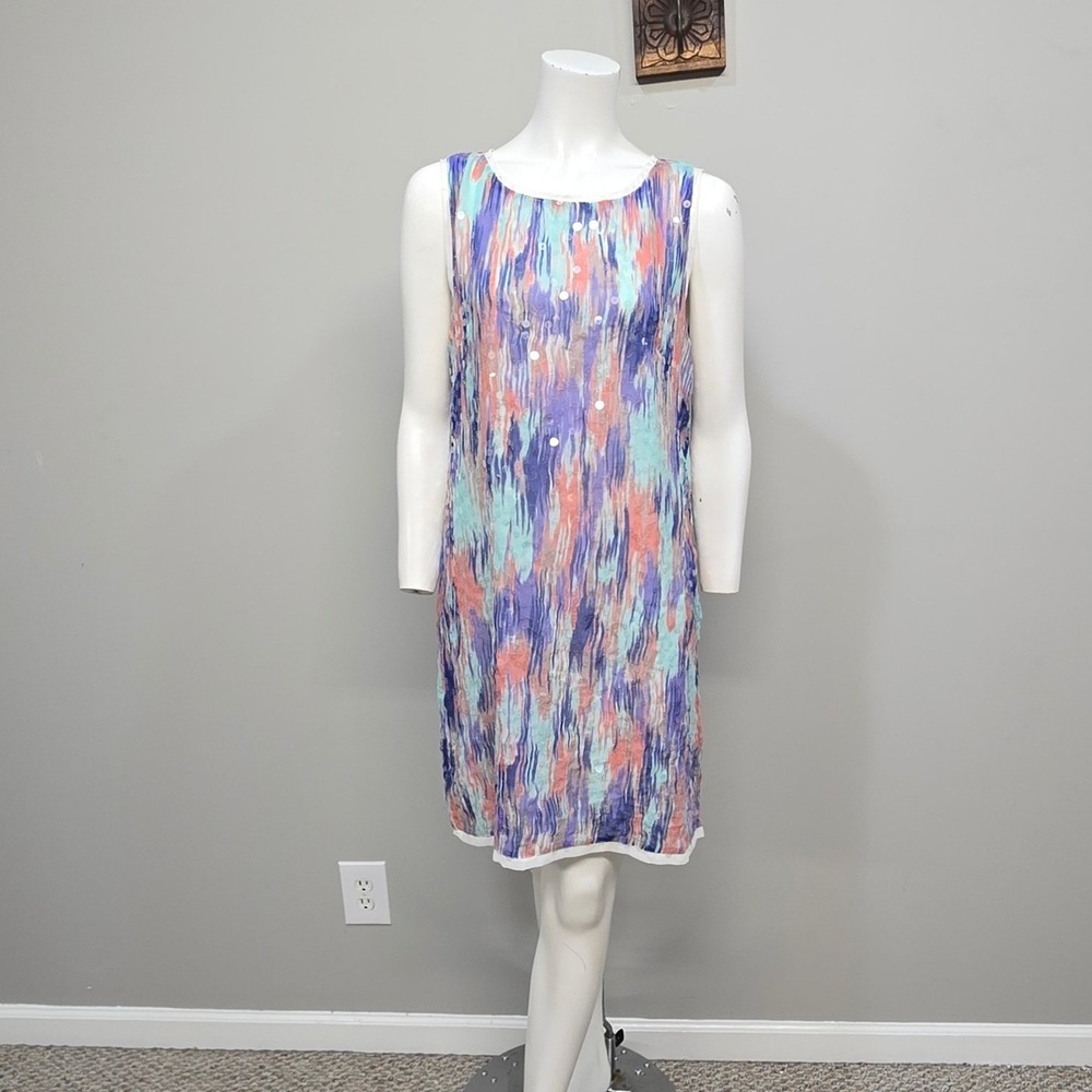 ICE Shift Dress Size 12 Pastel Abstract Watercolor Sequin Fairy Iridescent Artsy